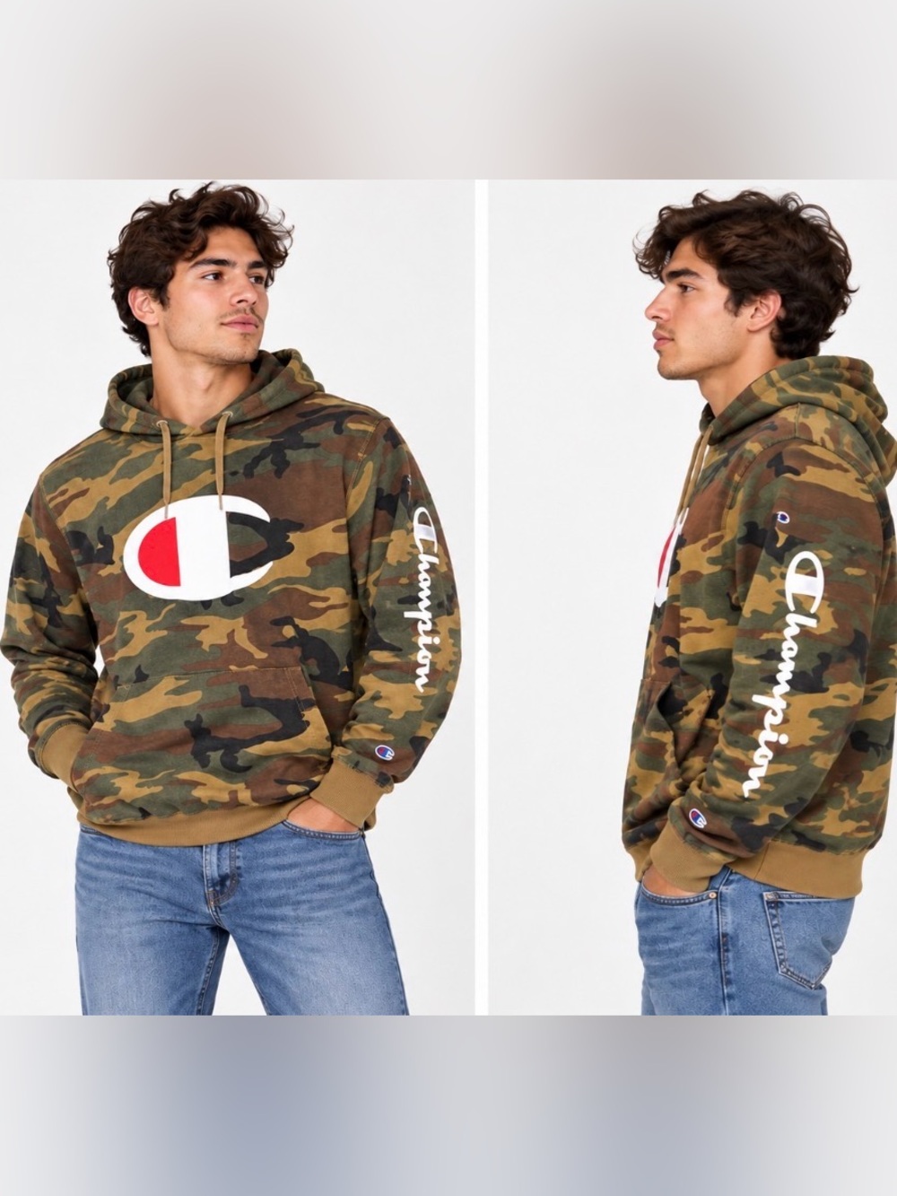 Y2K Champion Camo Pullover Hoodie with Red & White Logo XLT